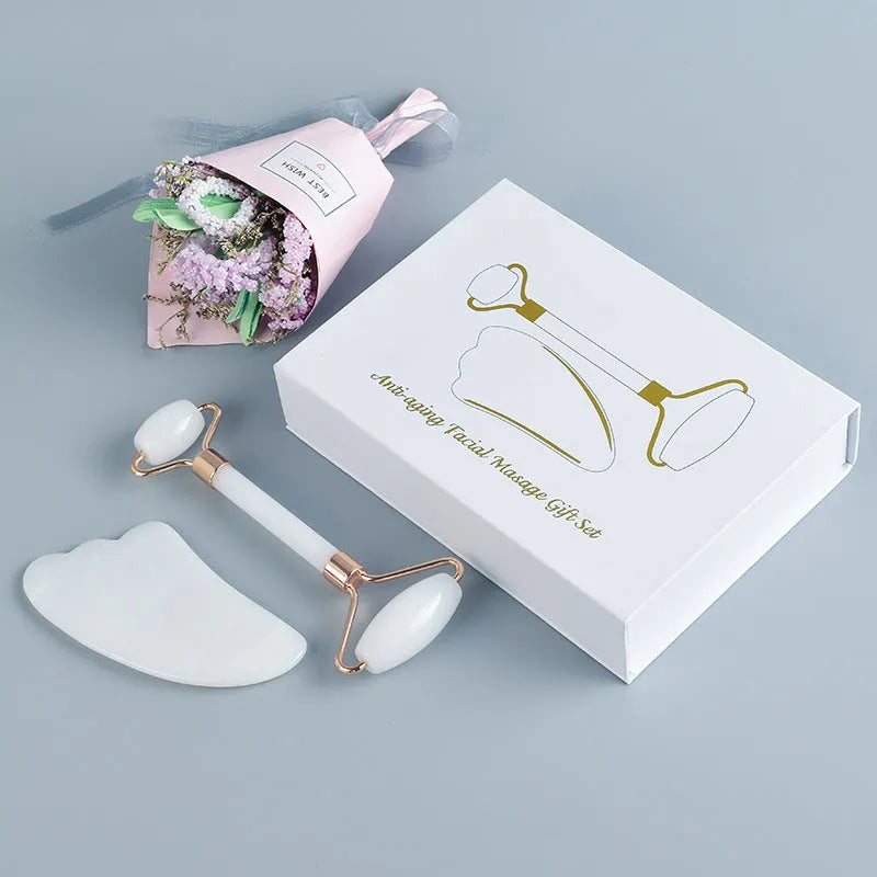 White jade facial roller set with double-headed roller and scraping board for massage