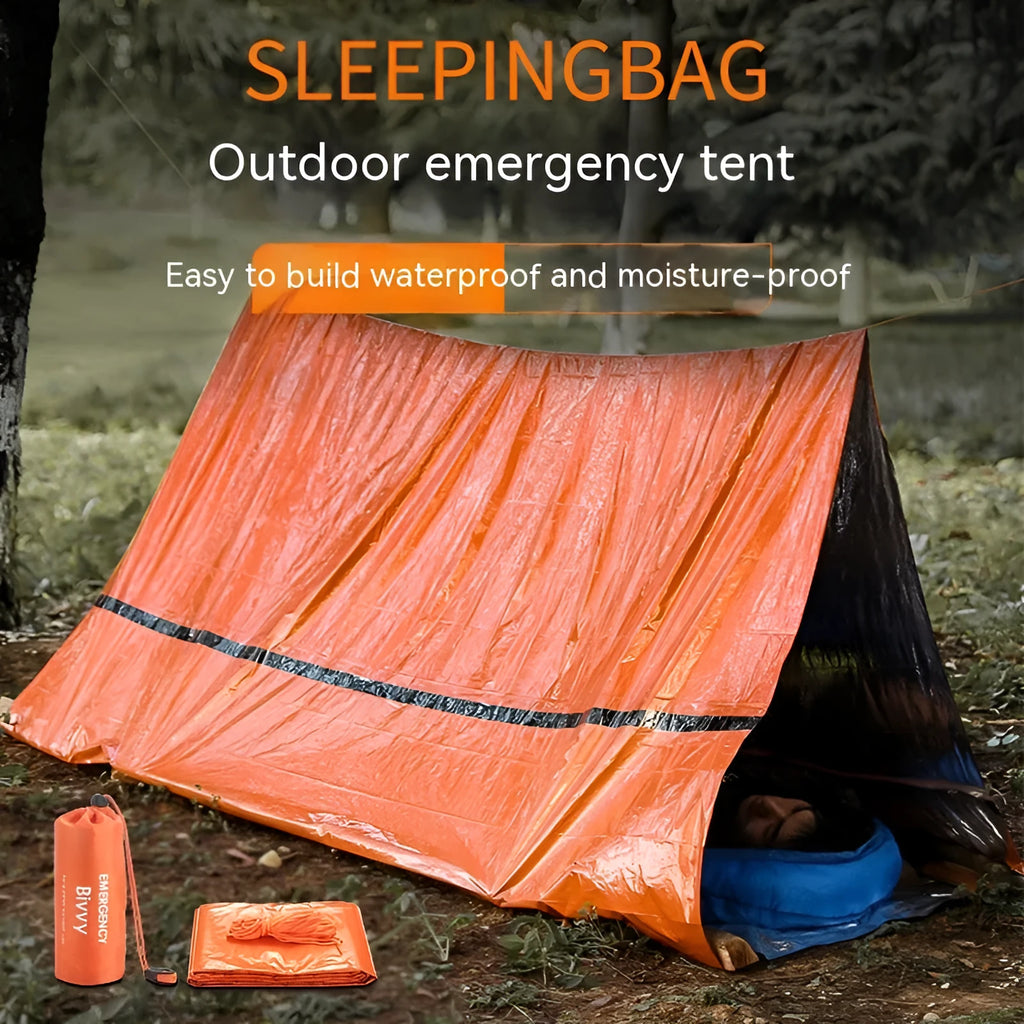 Orange four-season disaster relief tent kit with sleeping bag and raincoat for emergency outdoor shelter