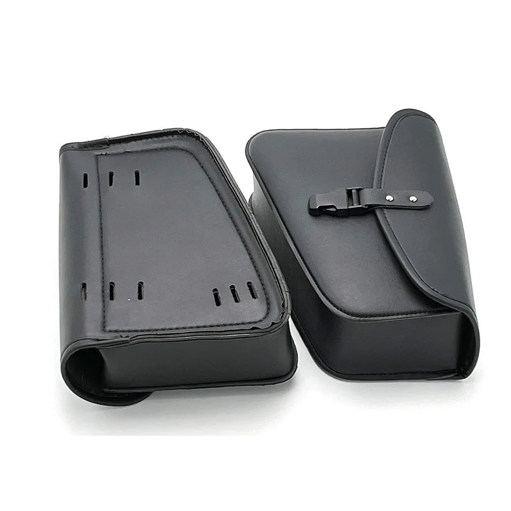Black PU leather motorcycle swingarm bag mounted on Harley Sportster side