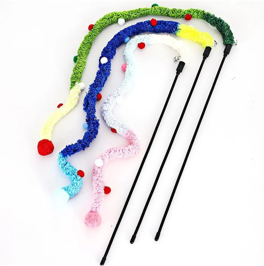 Interactive cat wand toy with blue plush strip, fluffy ball, and bells on a 41cm pole