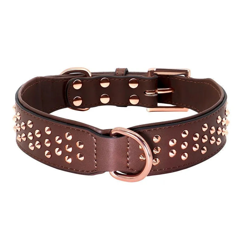 Genuine leather dog collar with metal rivet studs and a strong metal buckle in black, chocolate, or pink colour.