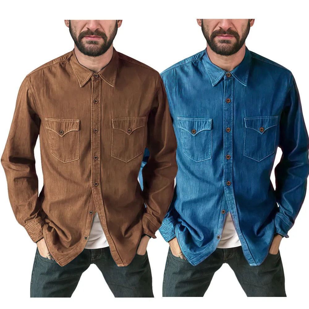 A cotton denim cardigan coat shown in khaki colour on a hanger.