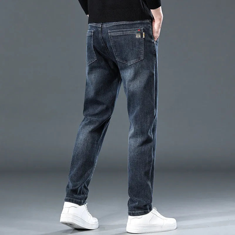 Blue grey slim straight casual trousers with micro elastic waist for summer street fashion wear