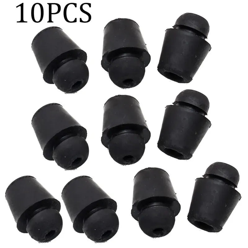 Ten black rubber automobile damping clips for shock absorption on a white background.