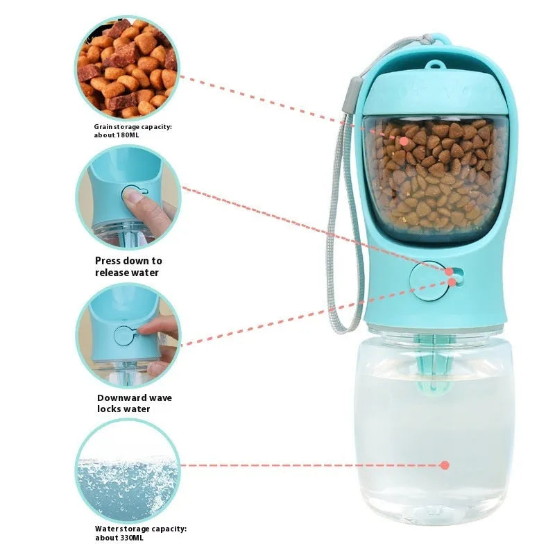 Blue portable plastic dog water bottle with fold-out drinking bowl for walks.