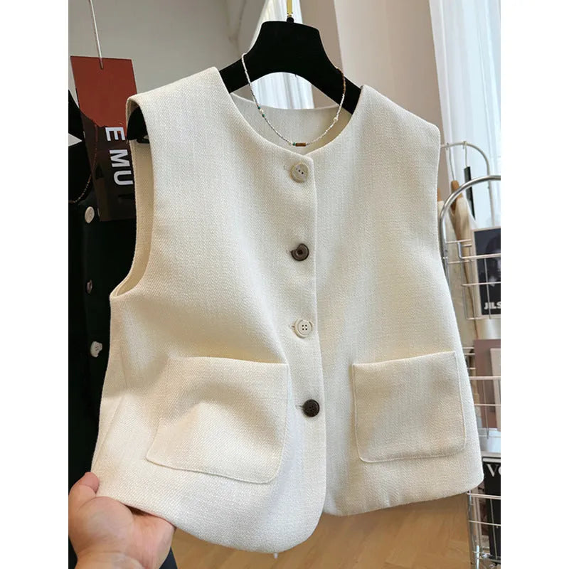 Women's sleeveless polyester bandage vest in milky white with round neck