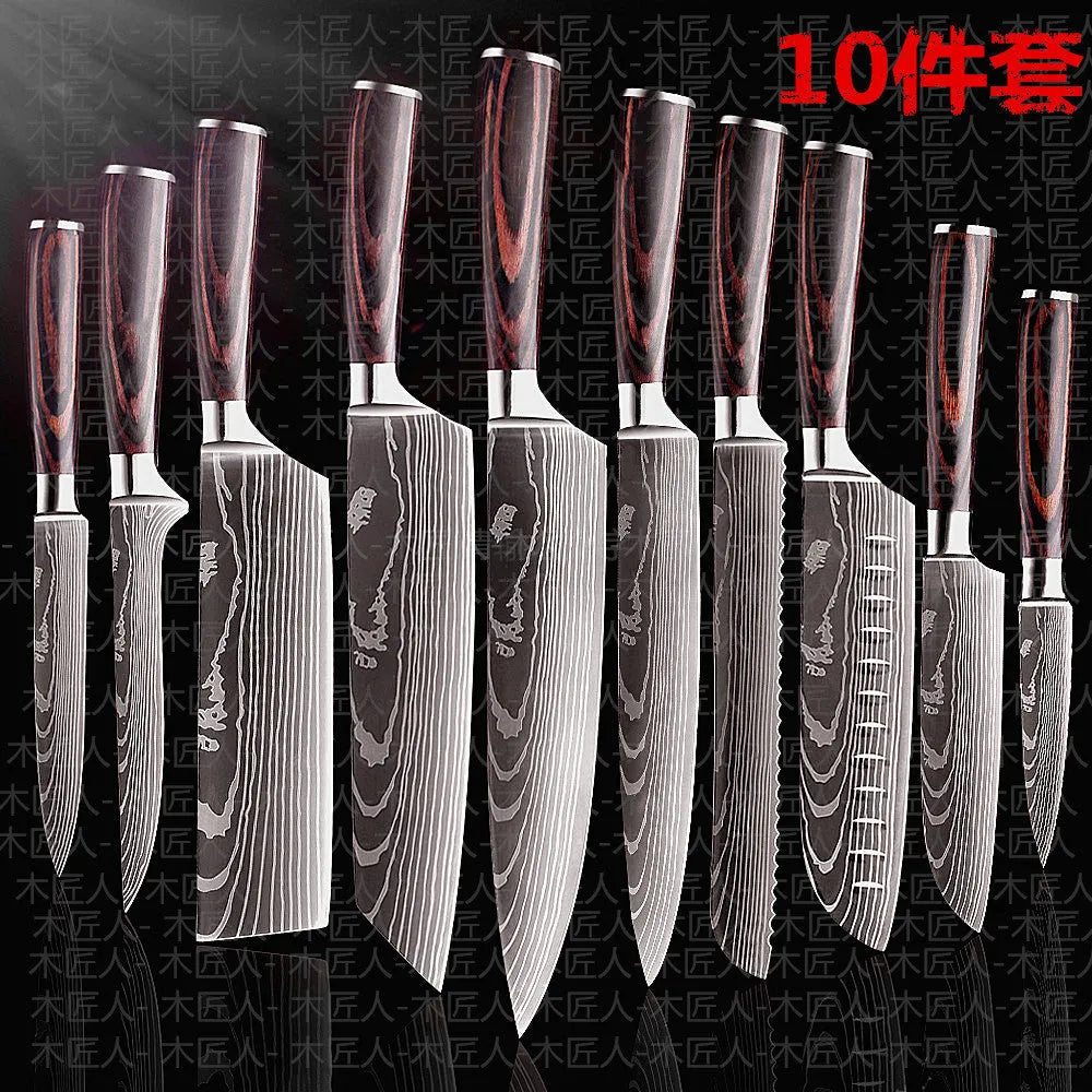 7CR17 stainless steel chef knife with laser Damascus pattern, 30cm long with colour steel handle