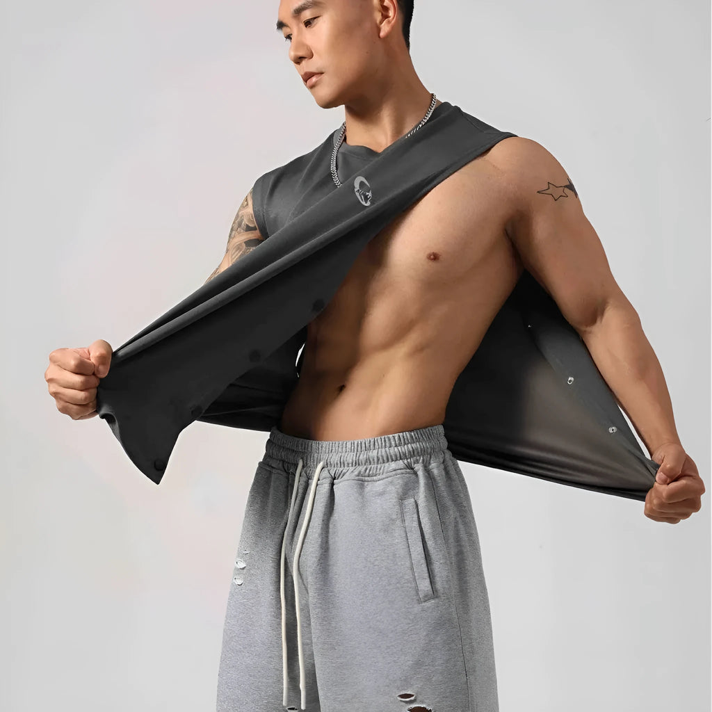 Men's Korean style loose cotton fitness vest with hidden hook side openings in black colour