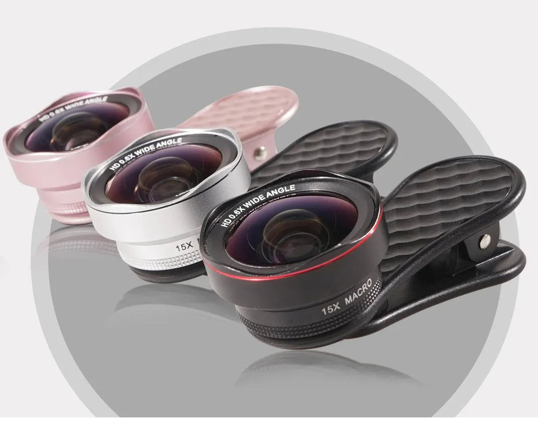 Smartphone wide-angle and macro lens kit with universal clip in black, silver, or rose gold