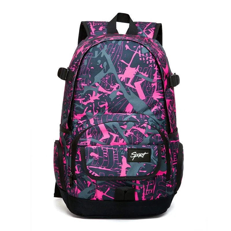 Blue and red classic nylon backpack with large main compartment for school and travel