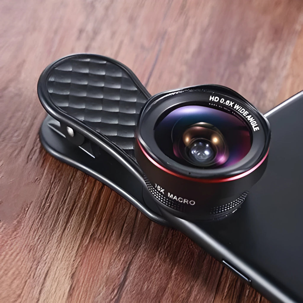 Smartphone wide-angle and macro lens kit with universal clip in black, silver, or rose gold