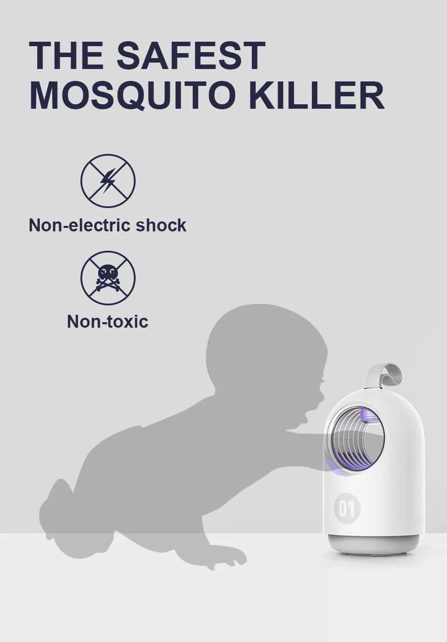 White indoor mosquito killer lamp with blue accents, showing top silicone handle and UV light grid.