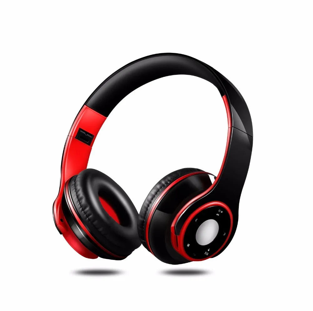 A foldable wireless Bluetooth headset with adjustable hinges, shown in blue, red, or rose red.
