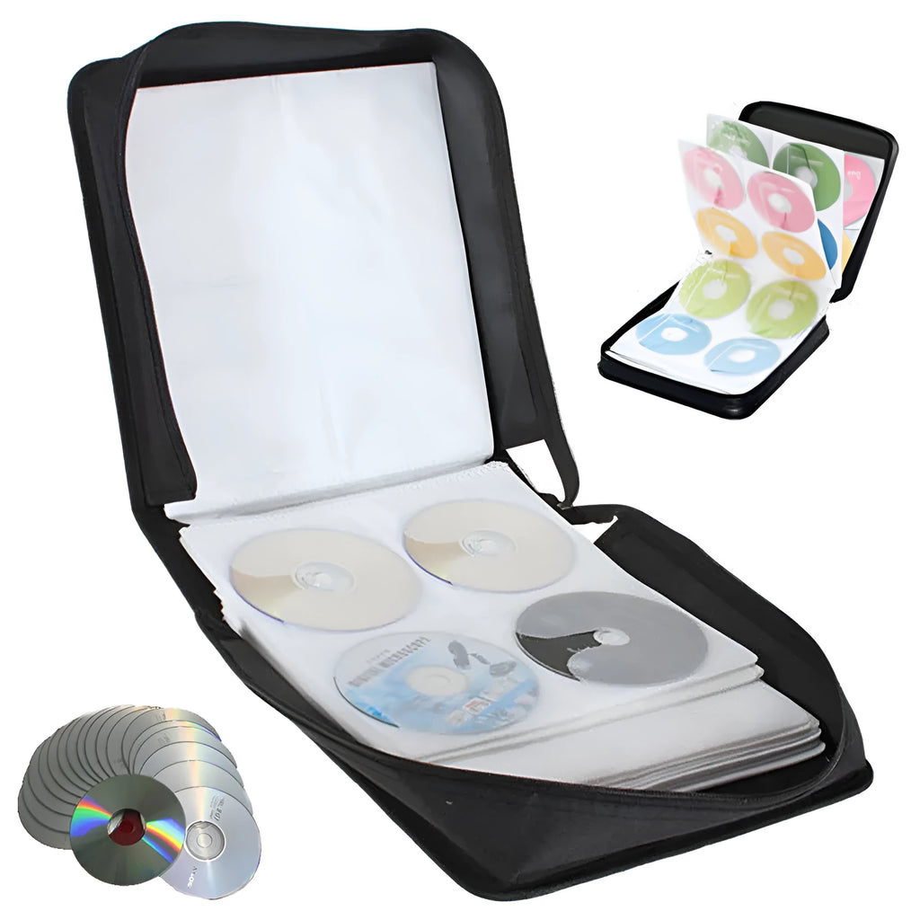 Black Oxford fabric CD DVD storage binder with a zipper and top carry strap, showing capacity for hundreds of discs.