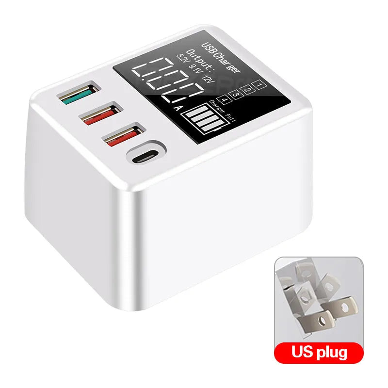 White 4-port travel charger with LED display showing charging information