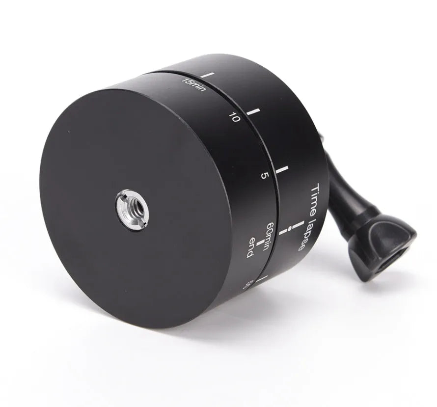 Lapse 360-degree auto rotate camera tripod head mounted on a tripod with a GoPro camera attached.