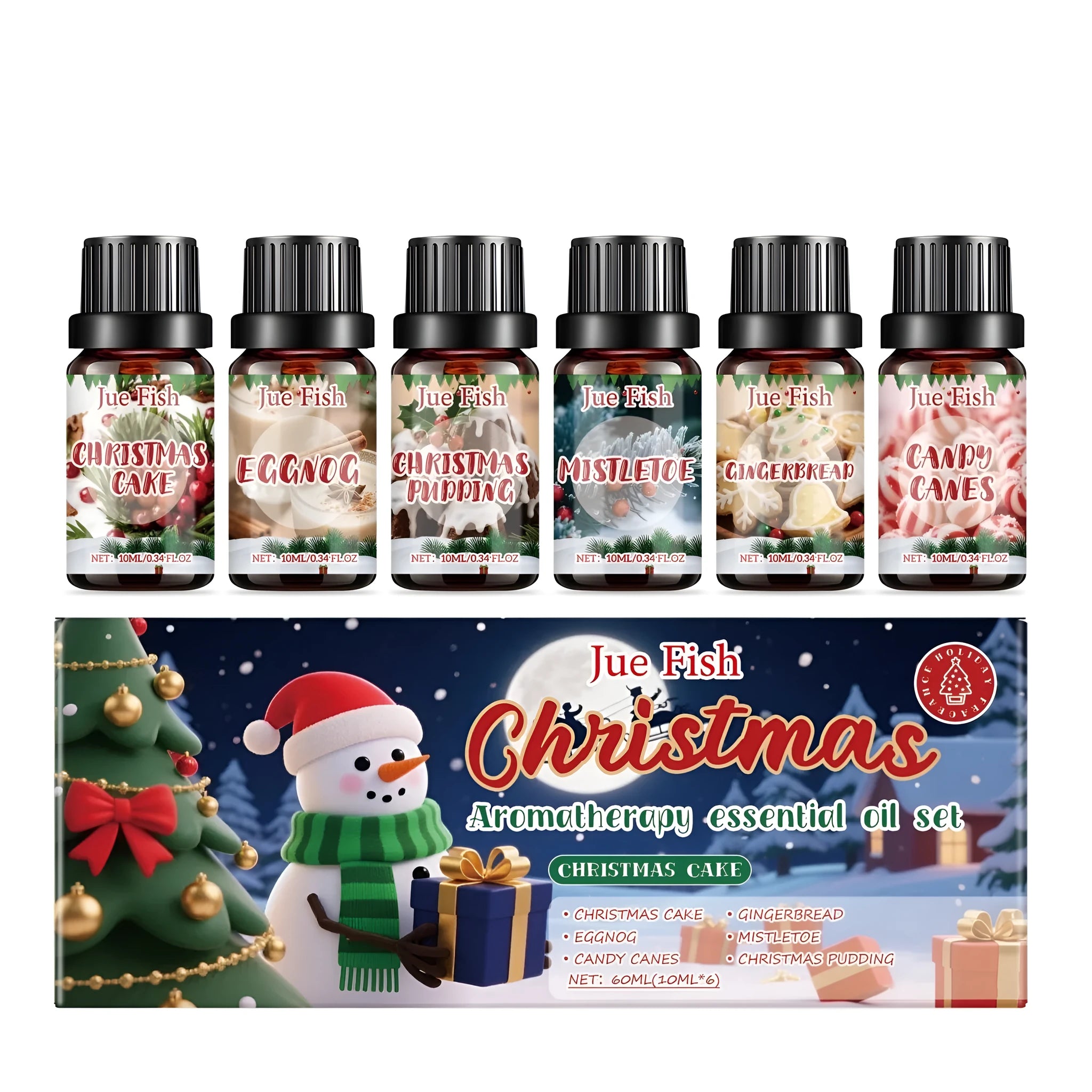 Christmas aromatherapy essential oil gift set showing six 10ml bottles with festive scents including gingerbread and mistletoe