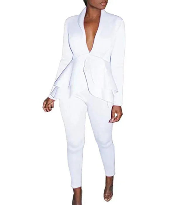 Women's ruffled top and pencil pants business uniform set in various colours