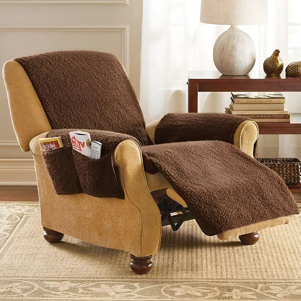 Polyester sofa cushion slipcover in beige, shown on a living room sofa.