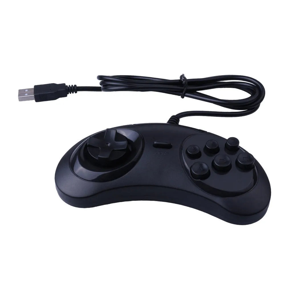 Black Sega USB computer game controller with braided copper wire