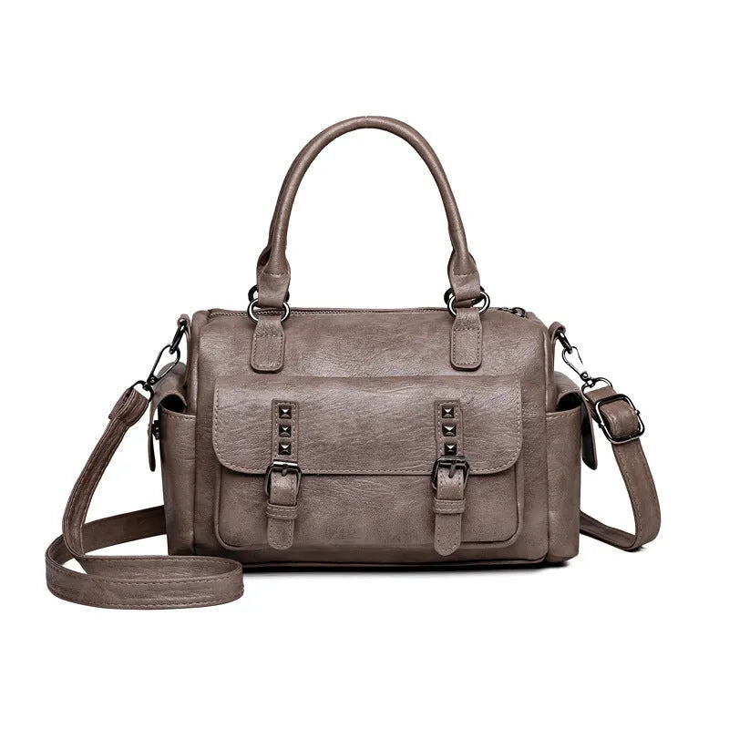 Large vintage messenger bag in PU leather with contrast stitching, shown in horizontal square shape.