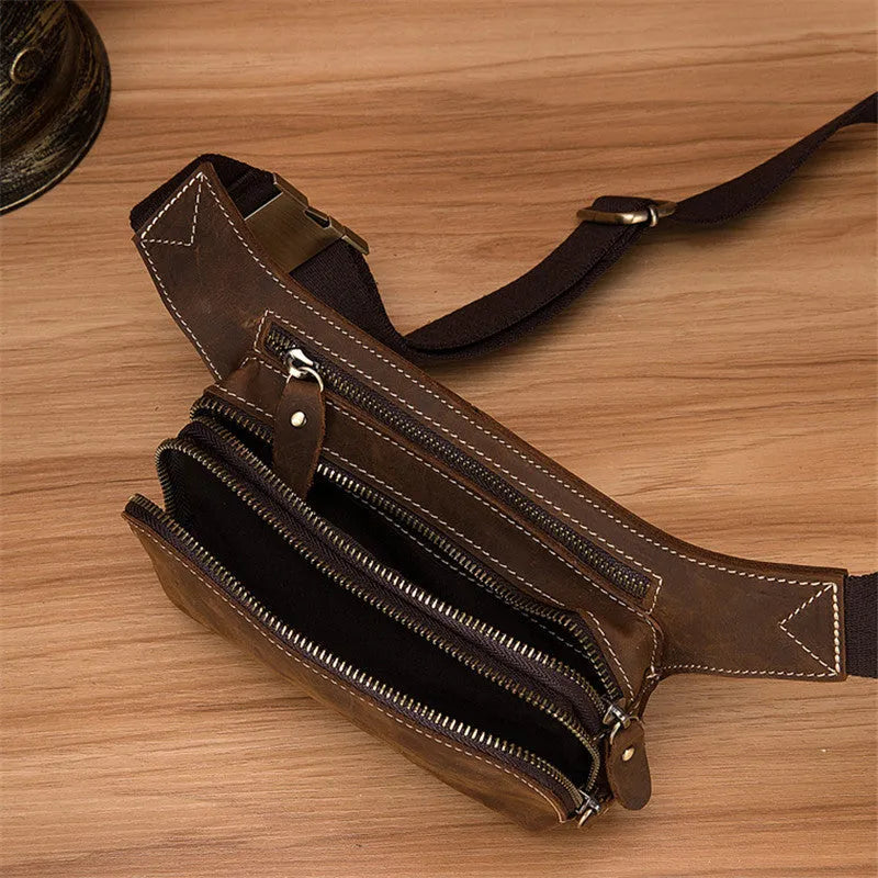 Brown leather men's sports waist bag with pull closure and phone compartment