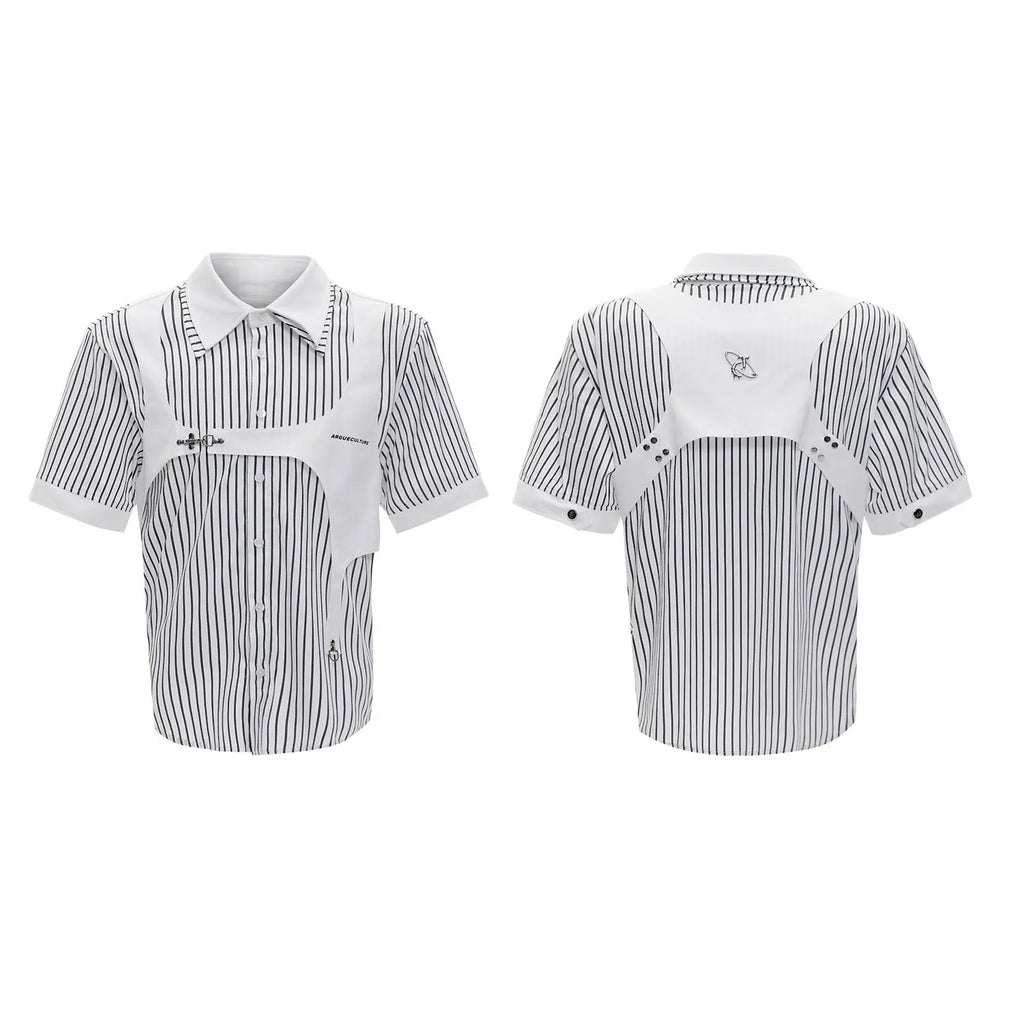 Black and white striped men's shirt with double lapel collar design
