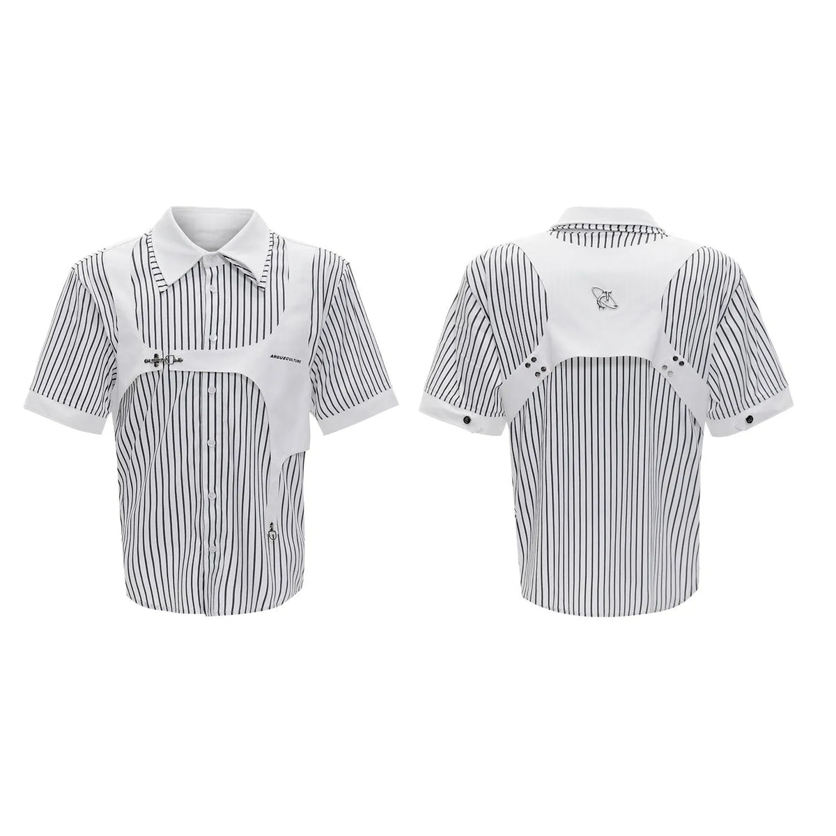Black and white striped men's shirt with double lapel collar design
