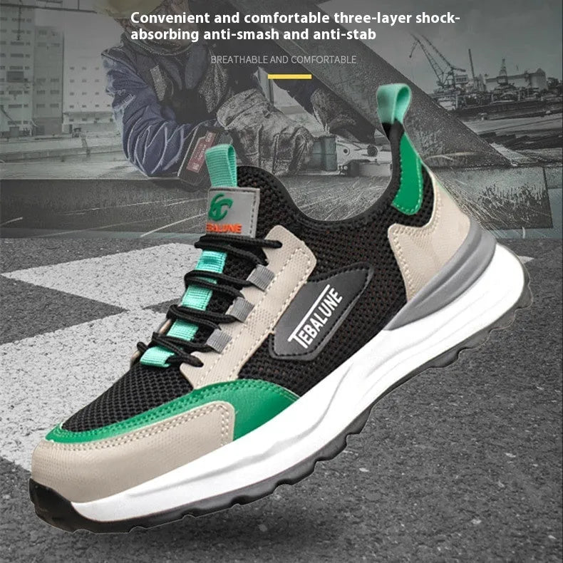 Black green safety shoes with plastic steel toe and mesh upper panel