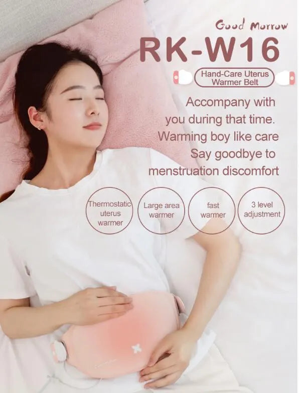 Rechargeable menstrual pain relief belt with 3-speed heating and massage, 300 x 150 x 10mm, Basic models style.