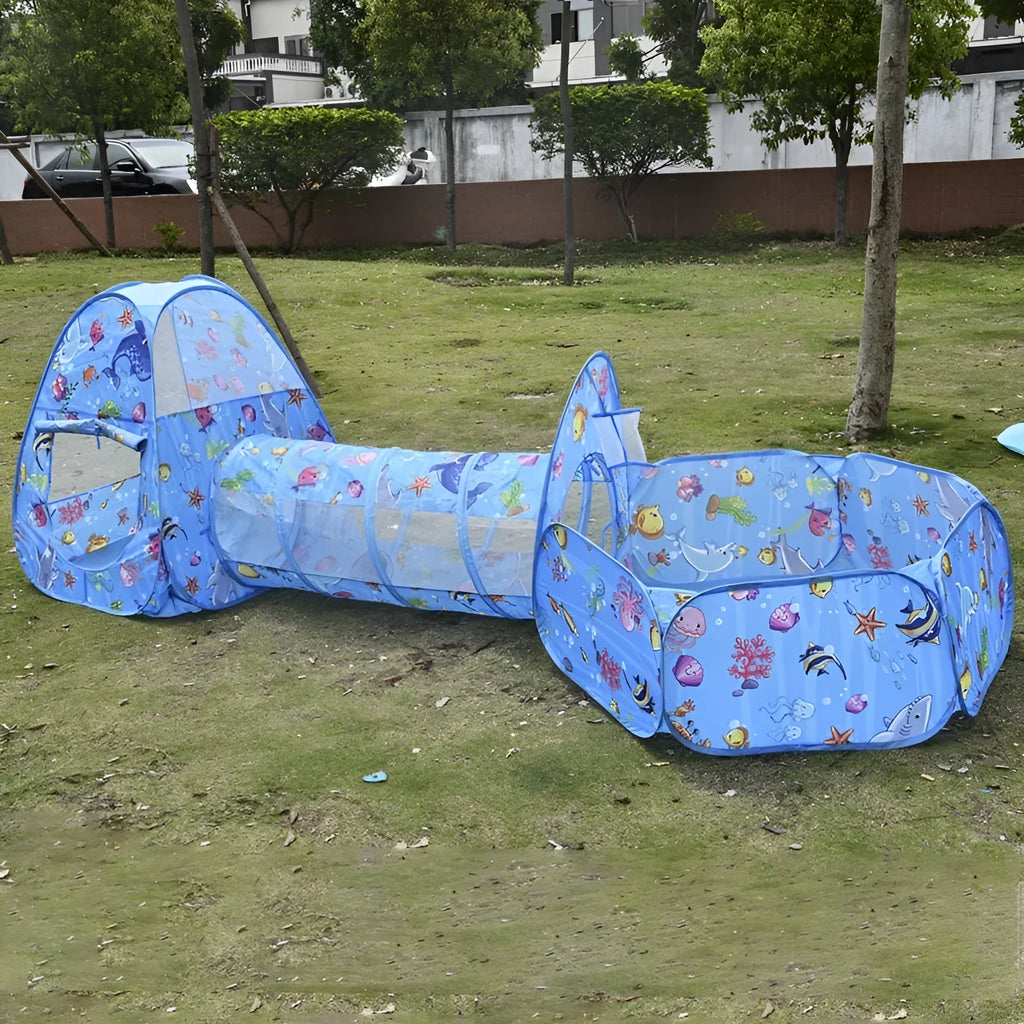 Children's three-in-one play tent set with tunnel and ball pool in cartoon submarine design