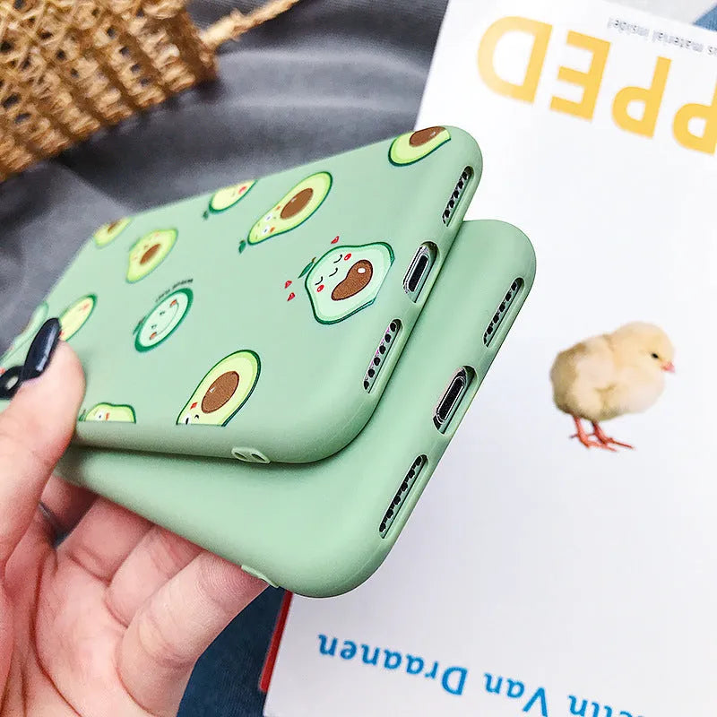 Green cartoon avocado design on a soft TPU phone case for Apple iPhone.