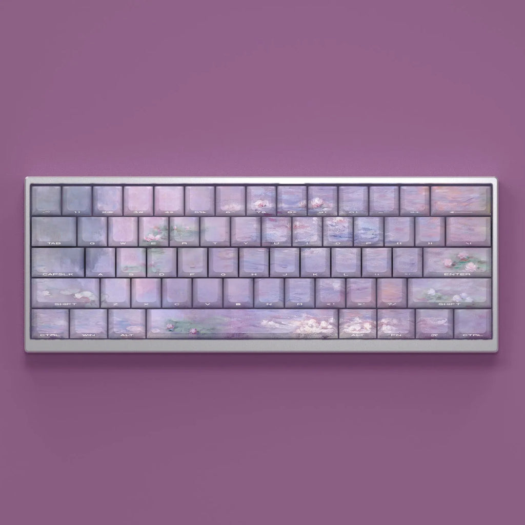 Water lily themed PBT mechanical keyboard keycap set with 130 keys and side-carved transparent characters.