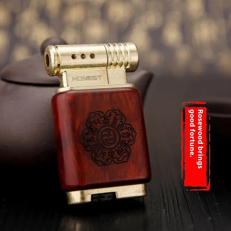 Decorative metal gas lighter in a choice of black wood, rosewood, or red wood finish.