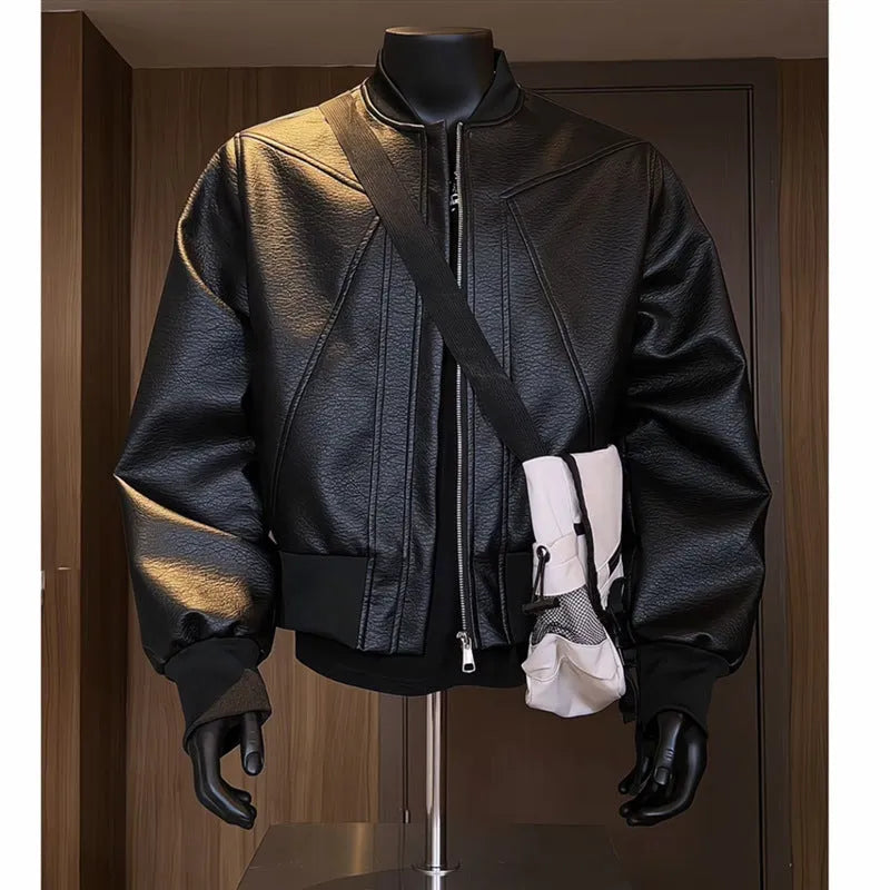 Men's black PU litchi leather jacket with extended length body in slim fit