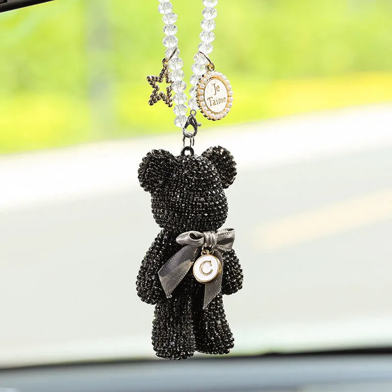 Violent bear-shaped car mirror pendant with embedded rhinestones in three colour options