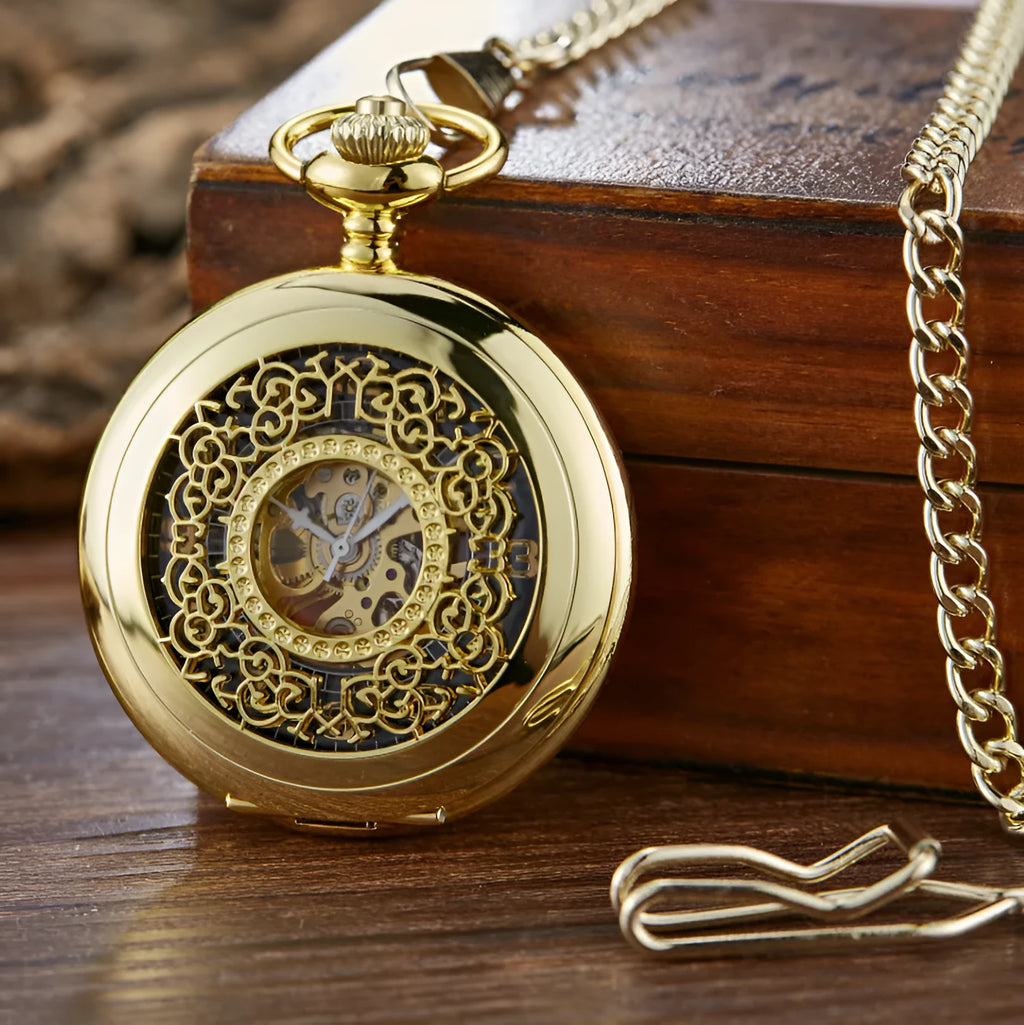Retro hollow floral print automatic mechanical pocket watch with transparent case back showing movement