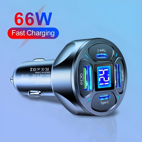 66W car charger with digital display showing two USB ports and two Type-C ports on a black PC casing.