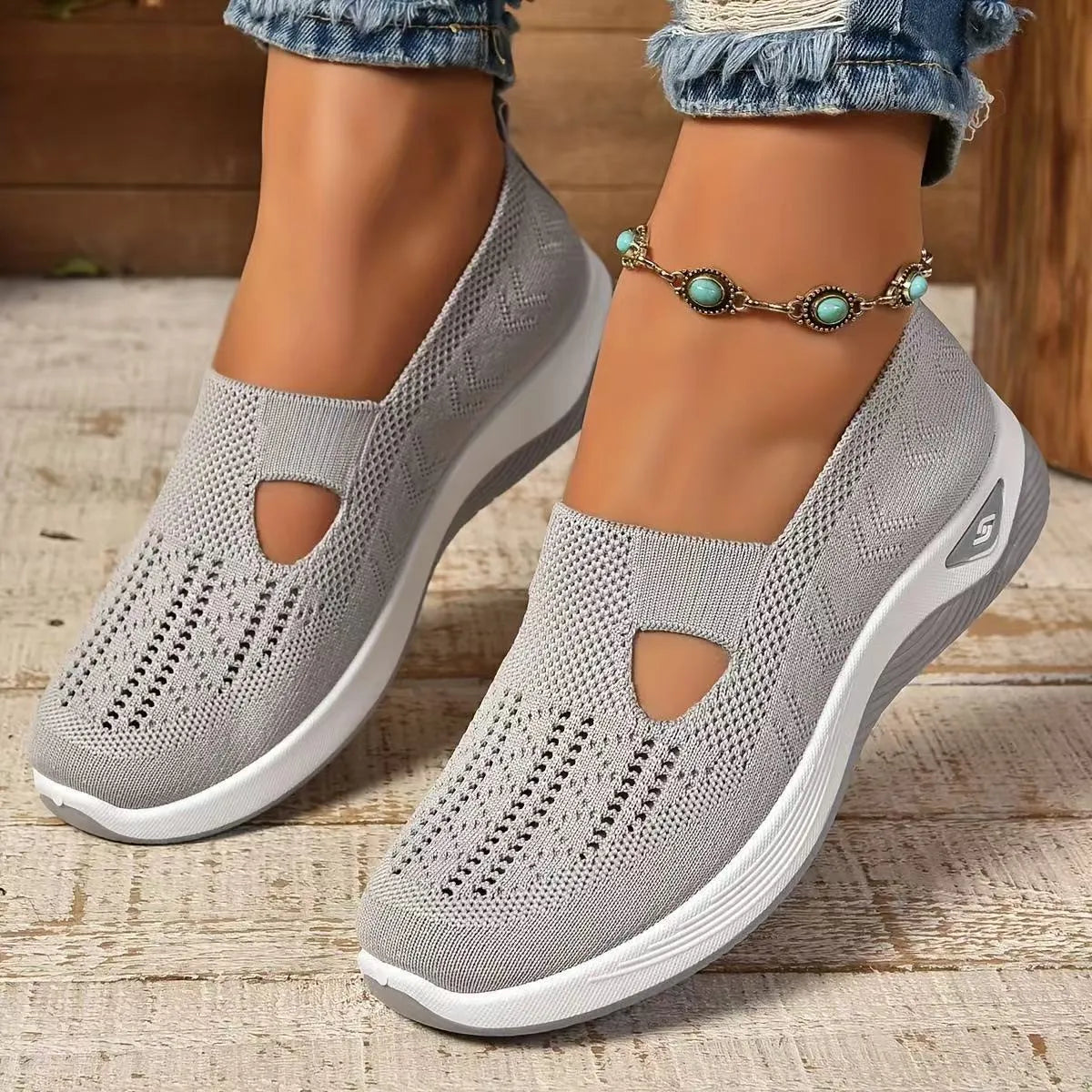 Women's mesh T-strap casual flats with soft PVC sole in multiple colour options