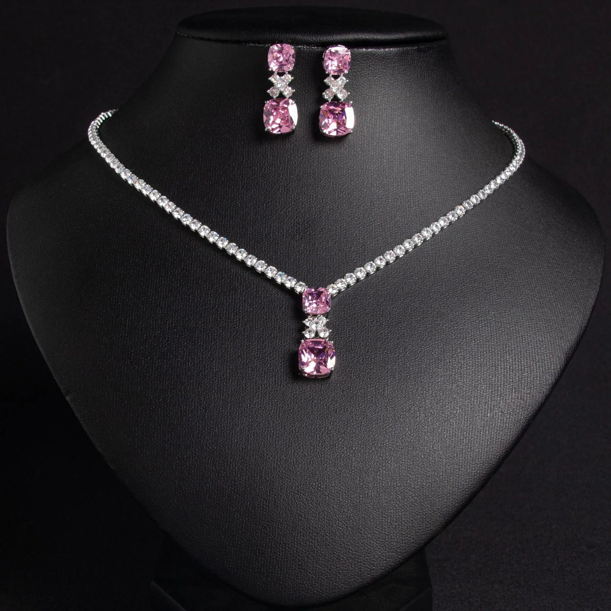 Square zircon pendant necklace and matching earrings with claw chain in copper and mixed gem inlay, five colours
