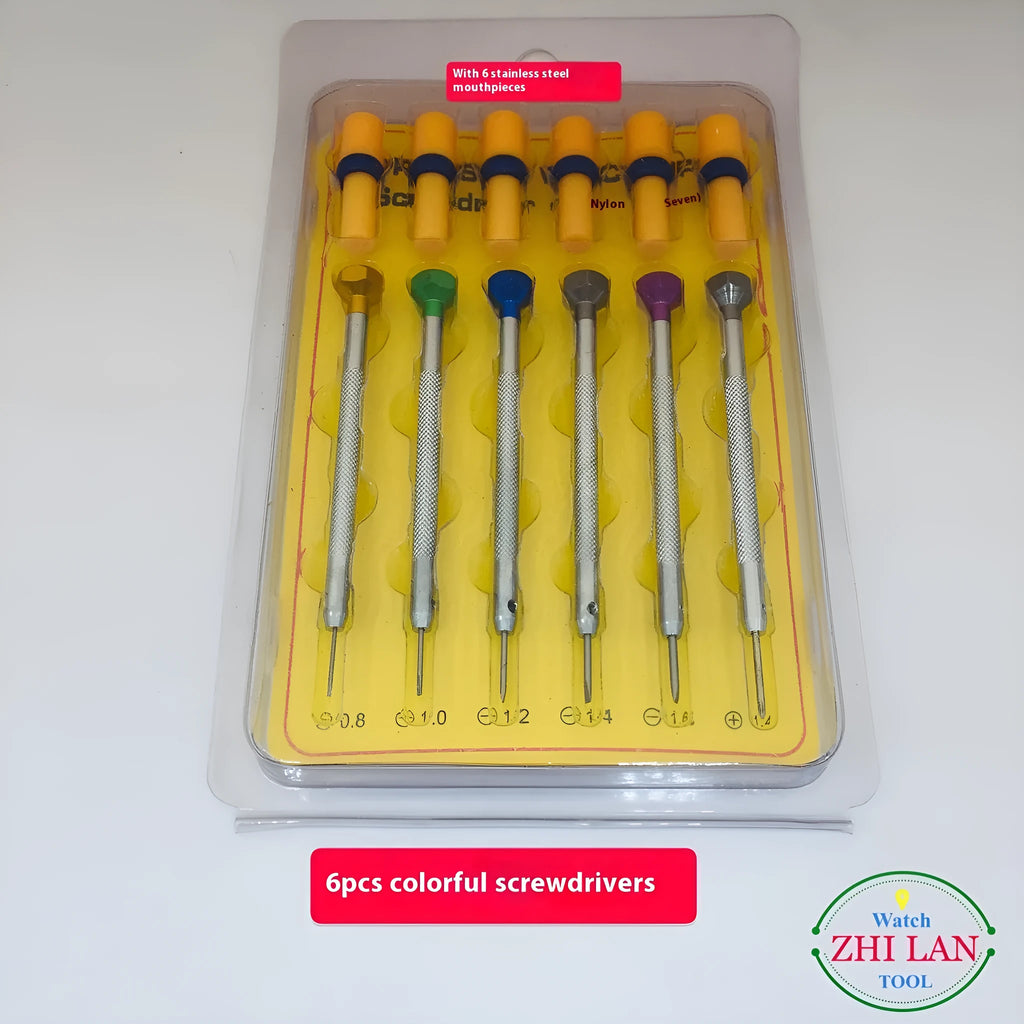 Set of six colour-coded aluminium handle screwdrivers for watch and precision repair work.