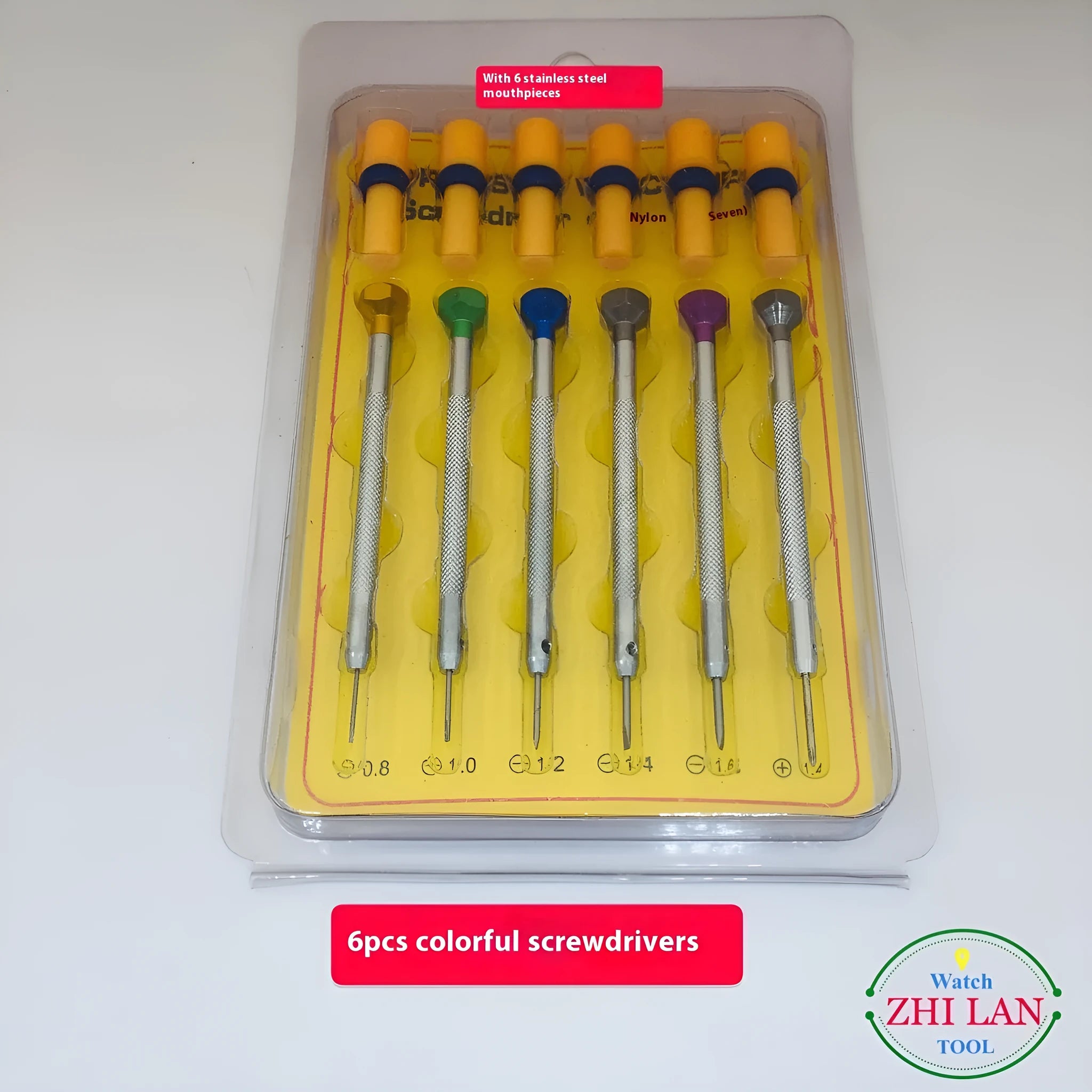 Set of six colour-coded aluminium handle screwdrivers for watch and precision repair work.