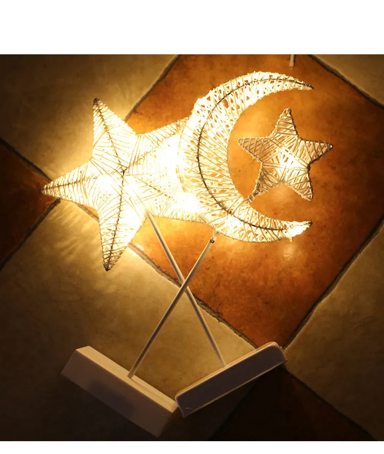Rattan woven LED decorative table lamp in star, heart, or moon shape with copper wire frame and battery operation