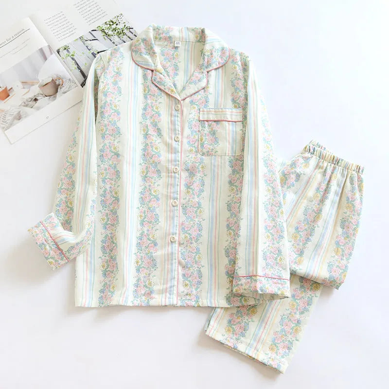 Women's red small fruit patterned cotton gauze long sleeve pyjama top and trousers set.