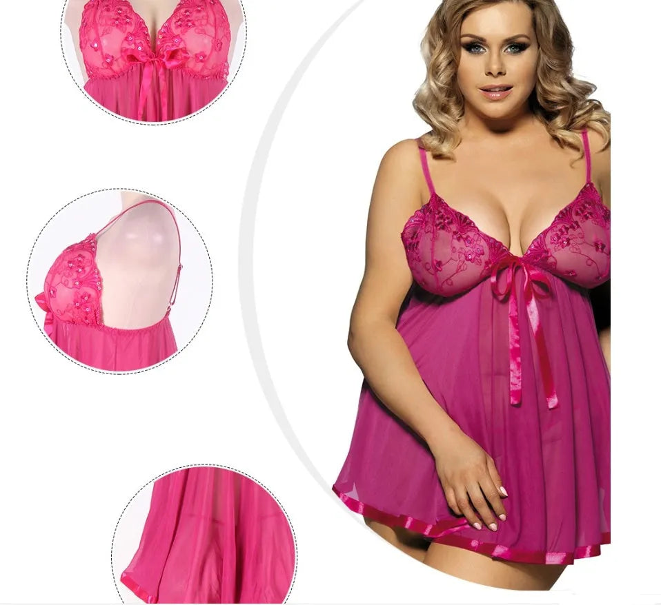 Plus size women's sleepdress with mesh panels and lace detailing in black, available in sizes up to 6XL