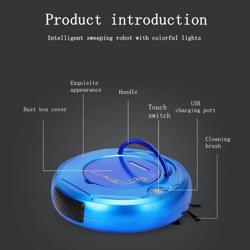 Blue robotic vacuum cleaner with 1800Pa suction for automated floor cleaning on flat surfaces