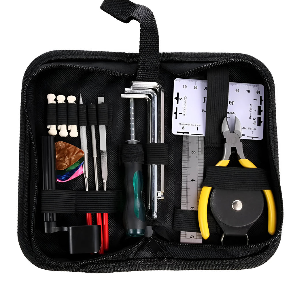 Black guitar repair and care tool kit with plastic and metal tools for instrument maintenance.