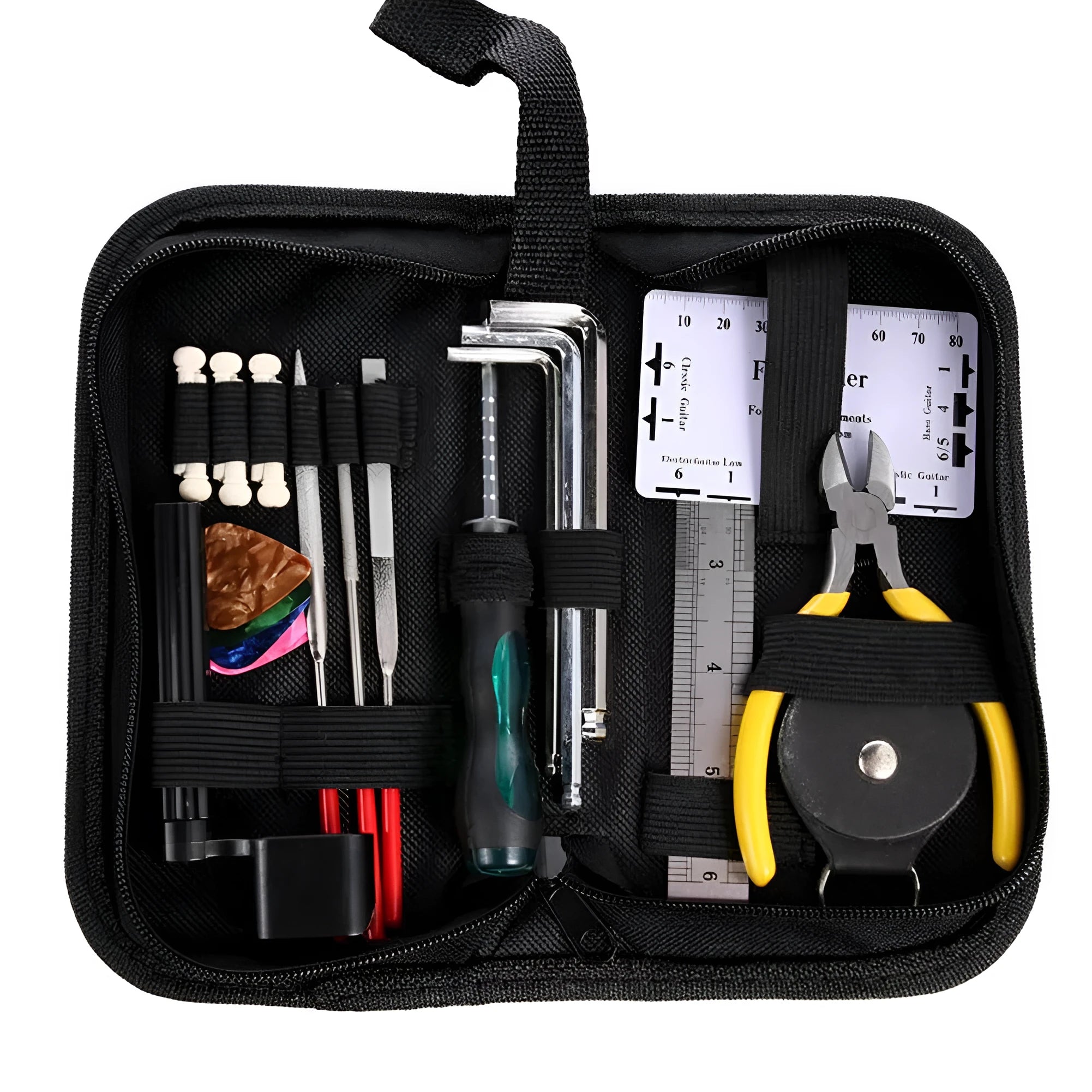 Black guitar repair and care tool kit with plastic and metal tools for instrument maintenance.