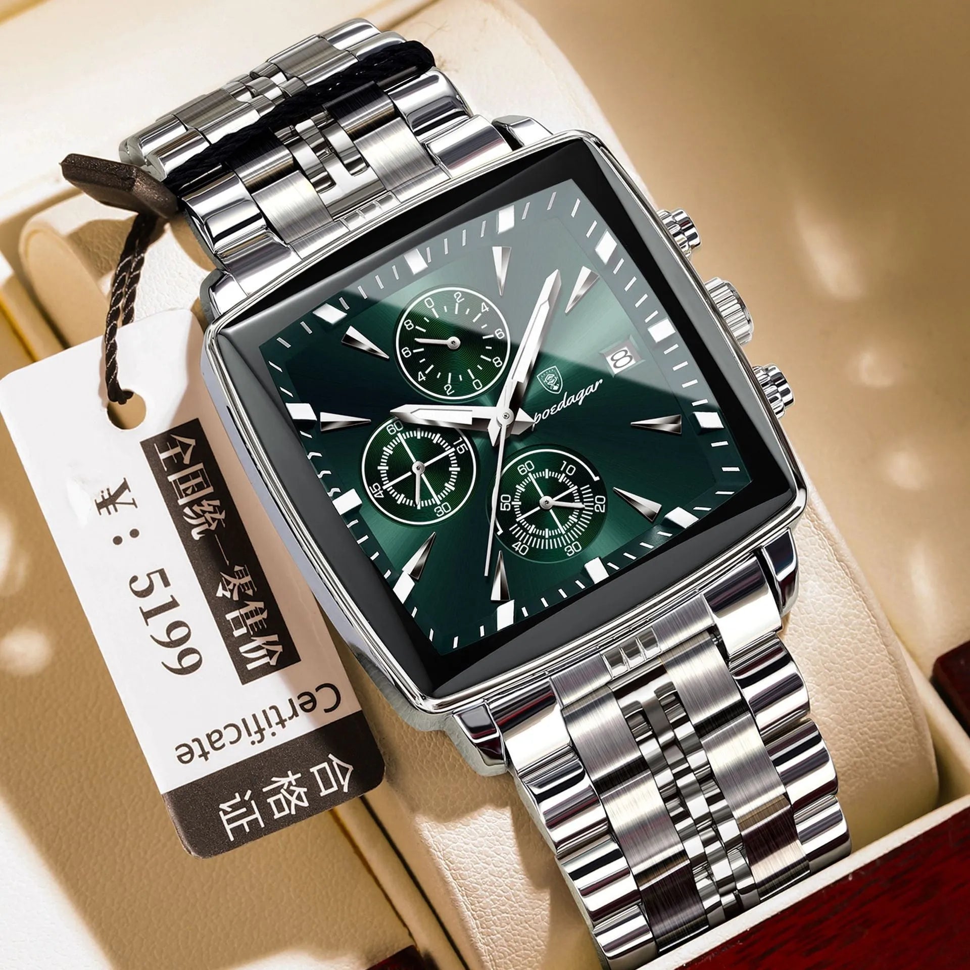 Square men's business quartz watch with stainless steel strap and spiral crown in gold or silver case options