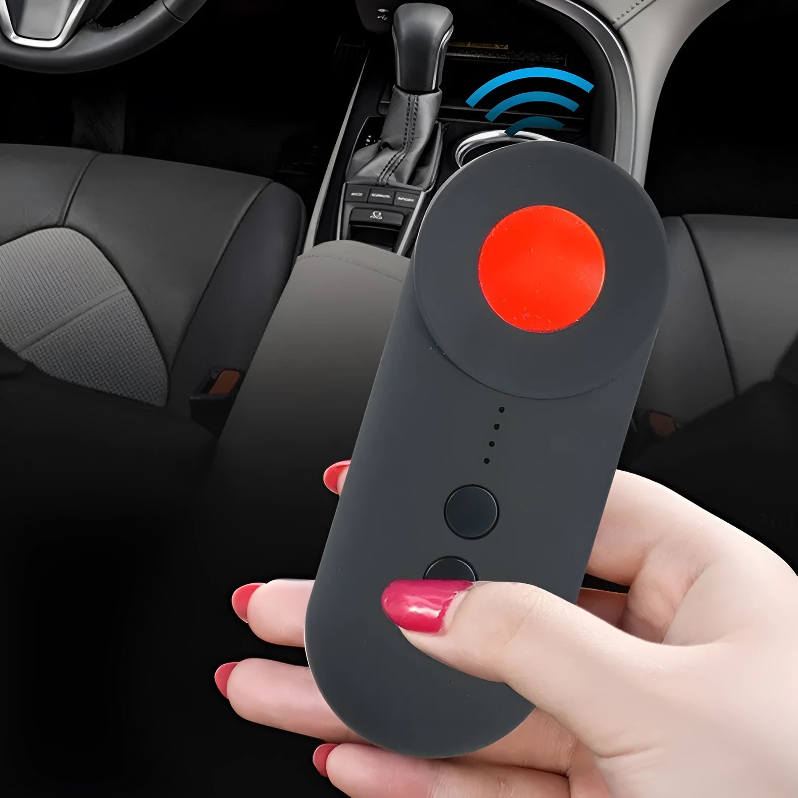 Black GPS signal detector measuring 93.8mm with WiFi and surveillance camera detection capabilities